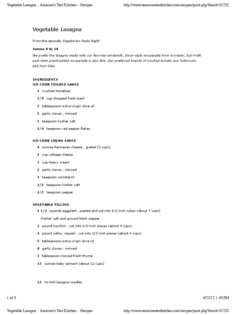 Vegetable Lasagna From The Episode Vegetarian Pasta Night PDF