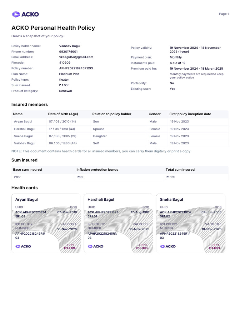 ACKO Personal Health Policy: Insured Members | PDF | Health Care