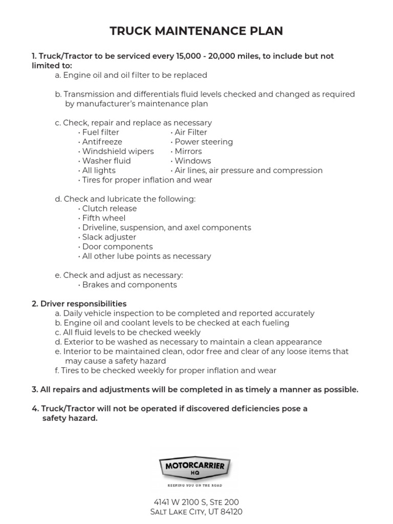 Truck Maintenance Plan Ogwtf1 | PDF