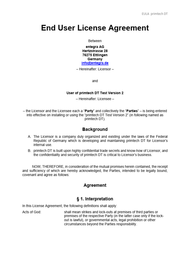 EULA EndUserLicenseAgreement PrimtechDT en | PDF | Indemnity | License