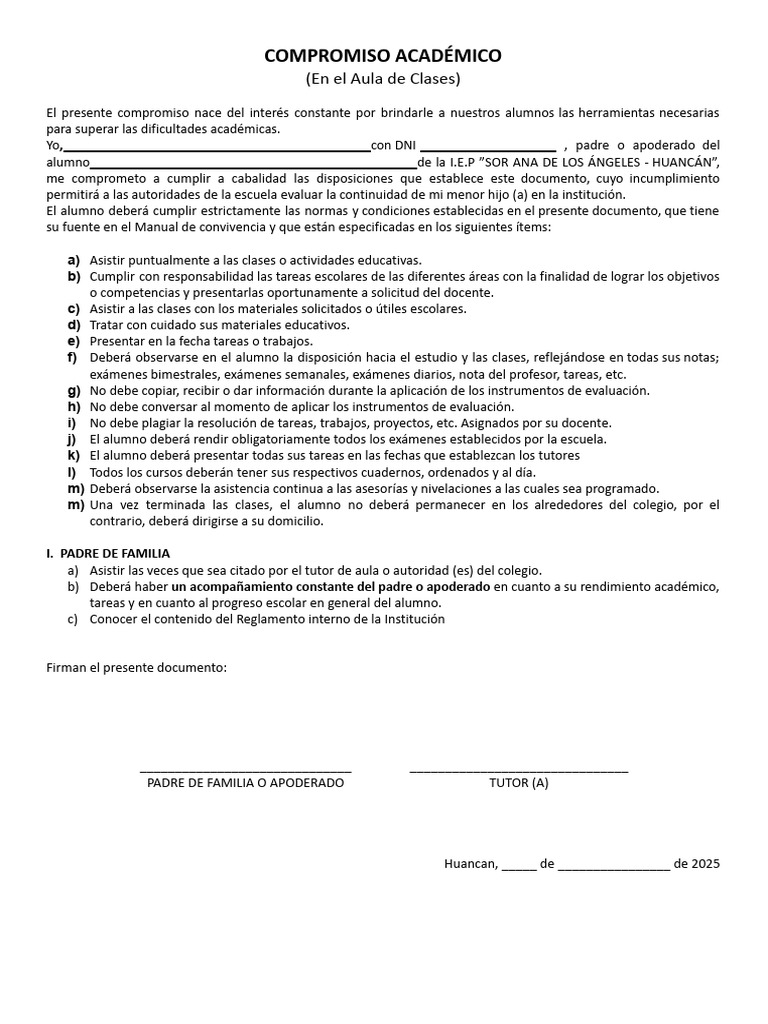 Compromiso Académico en I.E.P. Huancán | PDF | Escuelas | Salón de clases