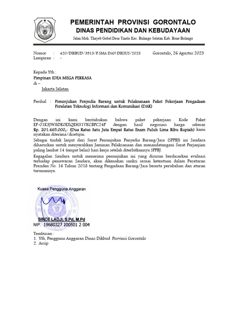 Penunjukan Penyedia TI DAK Gorontalo | PDF