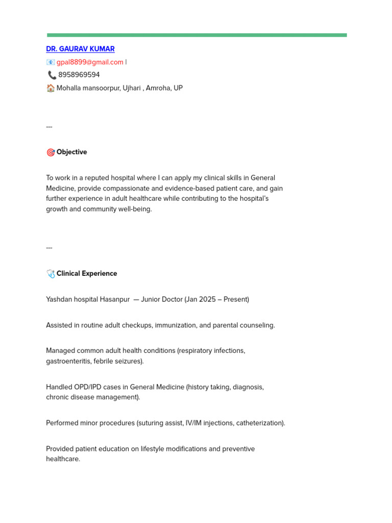 Junior Doctor Resume - Dr. Gaurav Kumar | PDF