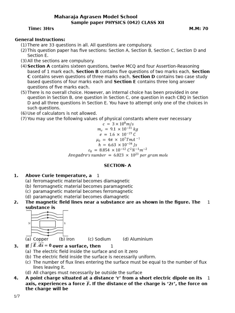 Class XII Physics Sample Paper 042 | PDF | Inductor | Magnetic Field