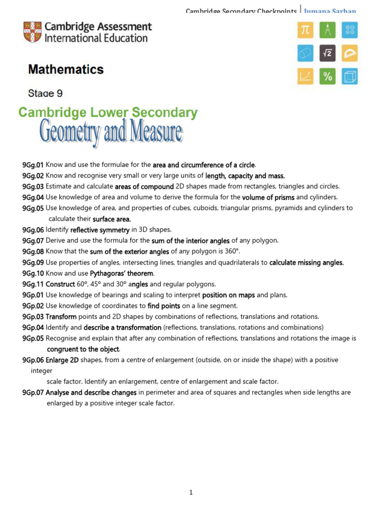 Cambridge Secondary Math Checkpoints | PDF | Area | Shape