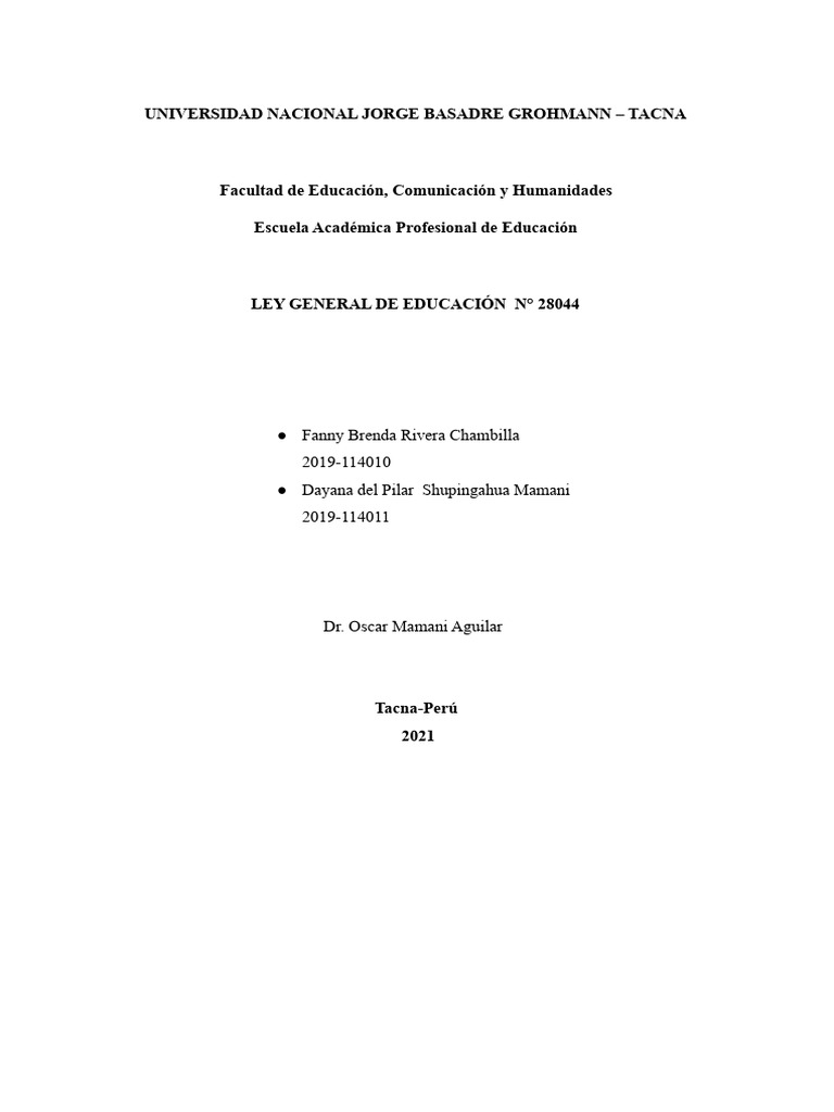 Ley General de Educación N° 28044 en Perú | PDF | Educación primaria ...