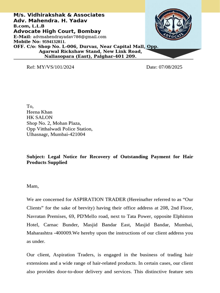 Legal Notice for Payment Recovery | PDF | Business Law | Justice