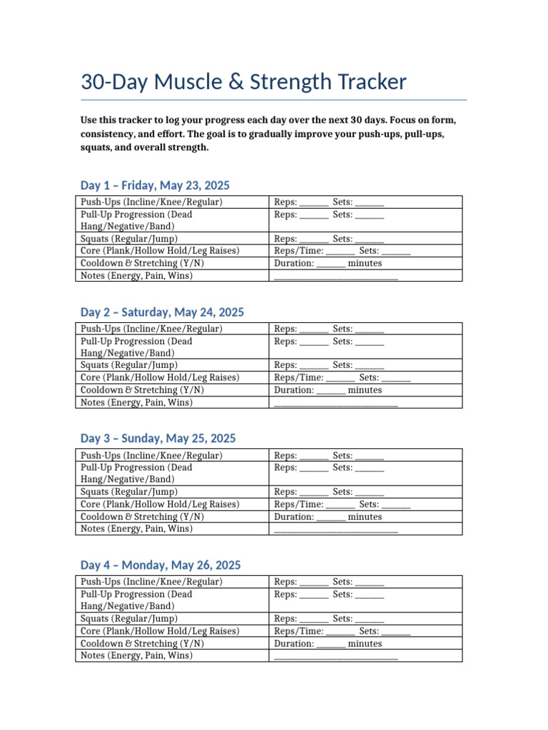 30-Day Strength Training Log | PDF | Knee | Physical Fitness