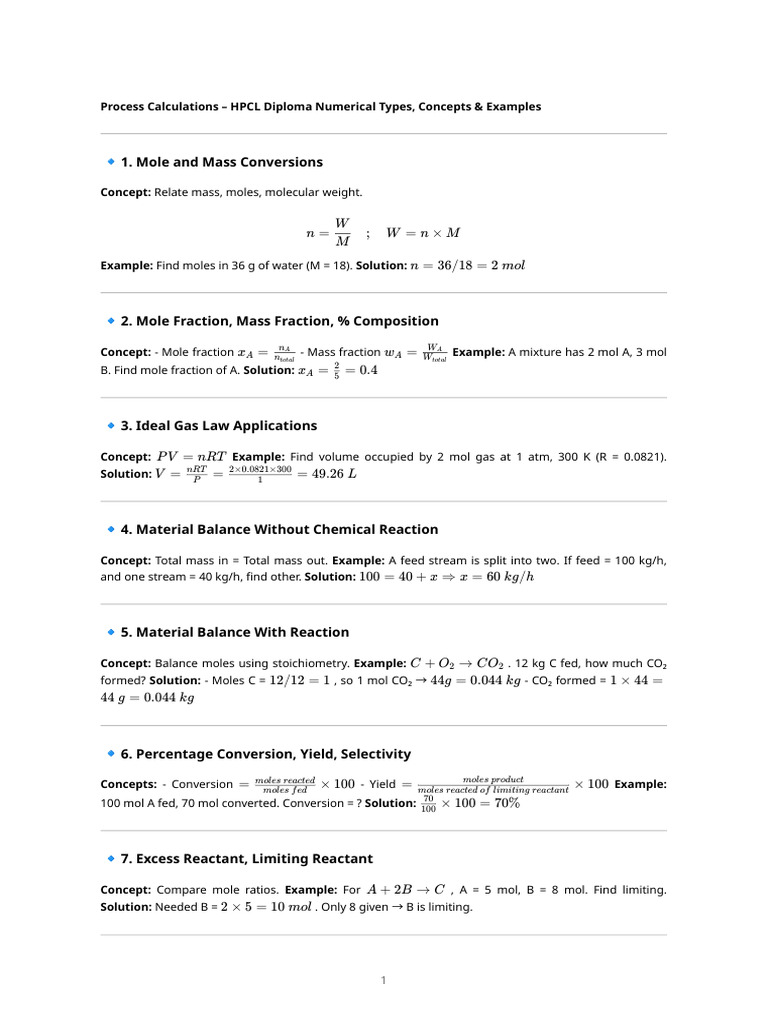Process Calc Numericals HPCL | PDF | Mole (Unit) | Chemistry