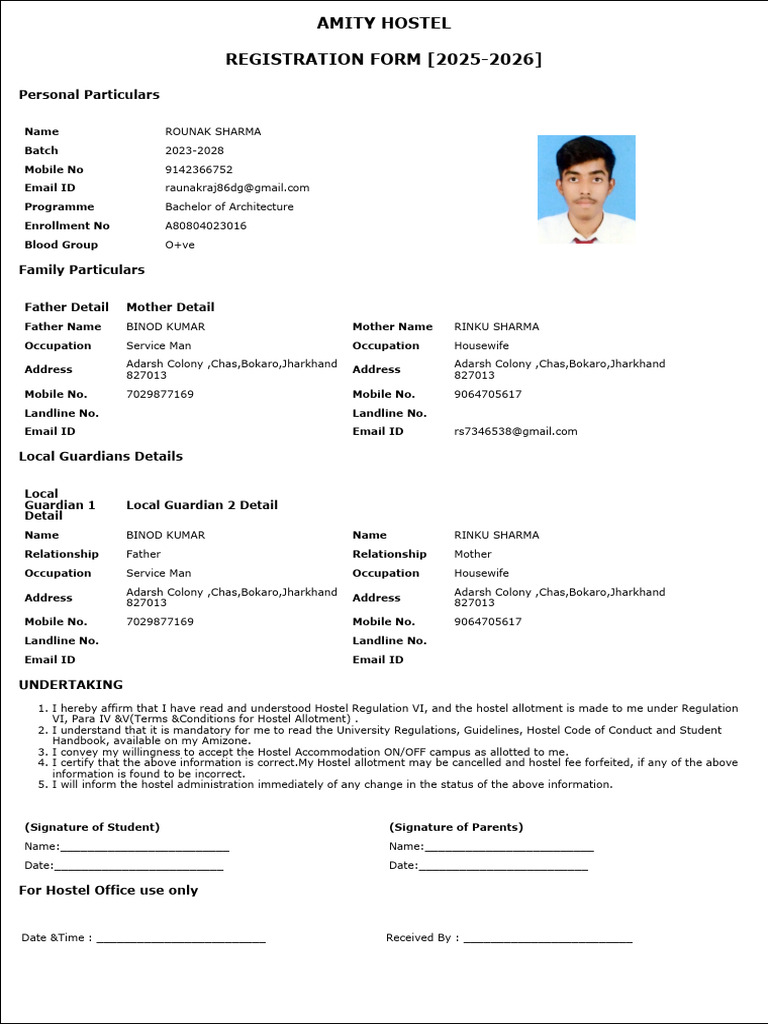 Amity Hostel Registration Form 2025-2026 | PDF