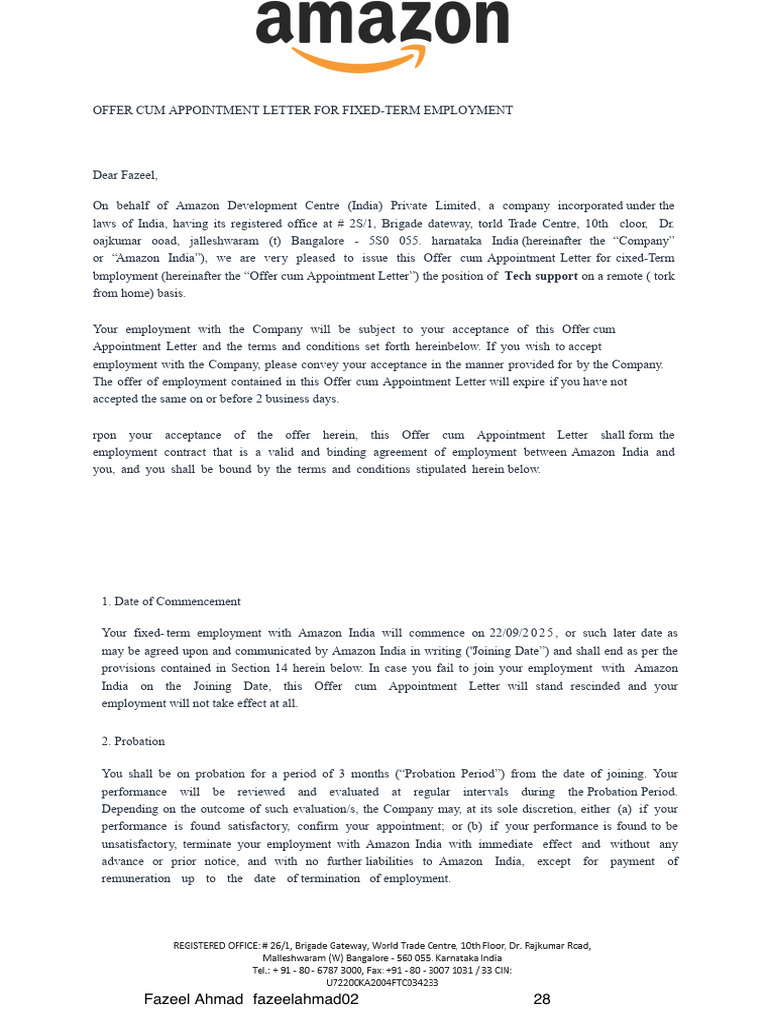 Amazon Appointment Letter for Tech Support | PDF | Indemnity ...