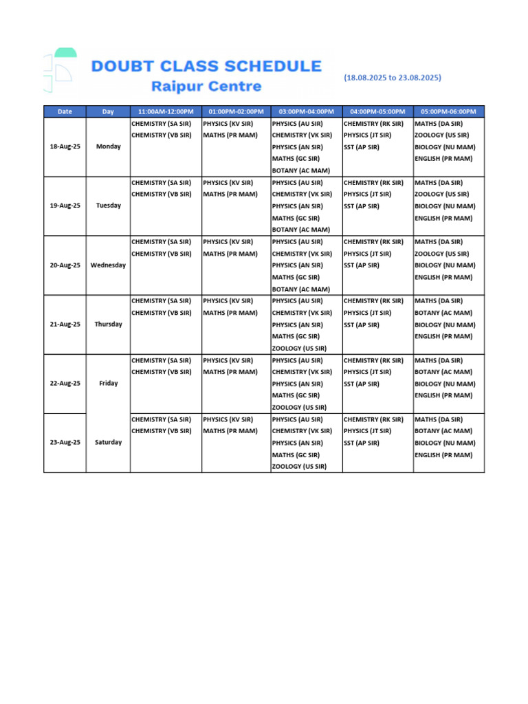 18.08.2025 To 23.08.2025 - Doubt Class | PDF