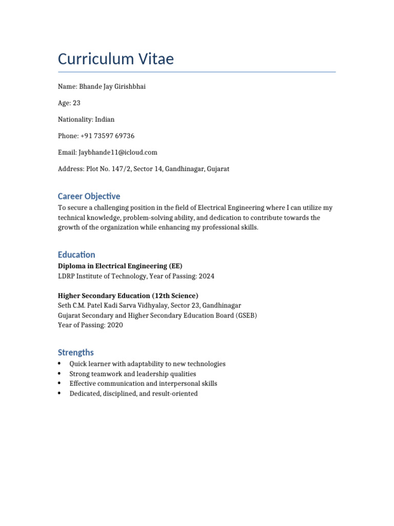 Bhande Jay's Electrical Engineering CV | PDF