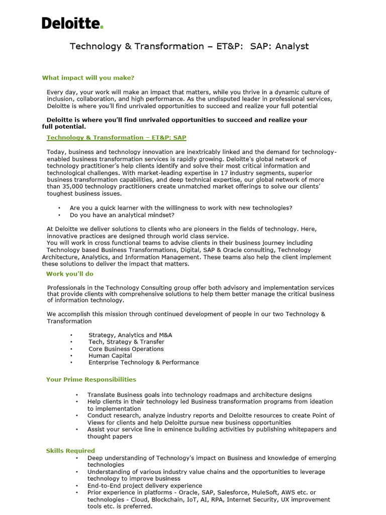 SAP Analyst Role at Deloitte India | PDF | Cloud Computing | Career ...