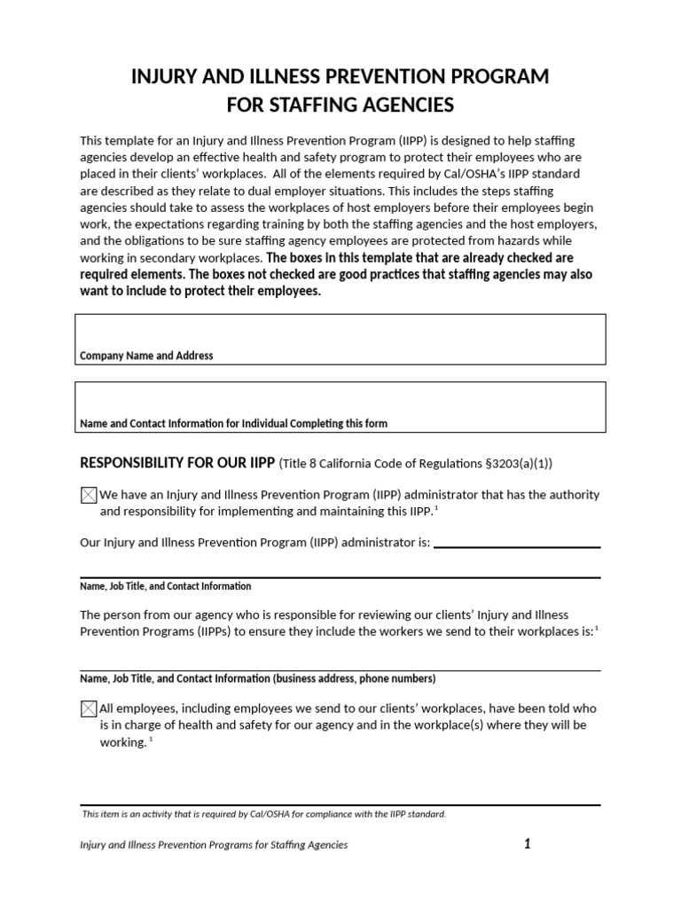 IIPP Template for Staffing Agencies | PDF | Occupational Safety And ...