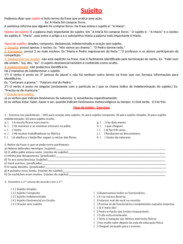 Tipos de Sujeito na Gramática Portuguesa | PDF | Assunto (gramática ...