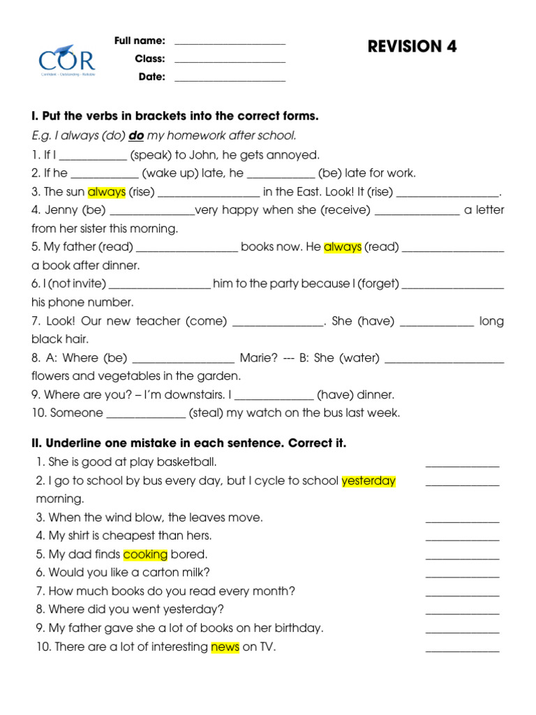 Verb and Sentence Correction Exercise | PDF