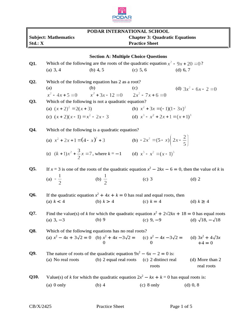 Quadratic Equations Practice Sheet | PDF | Quadratic Equation ...