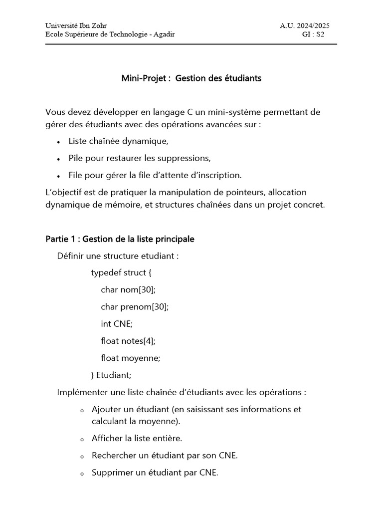 Gestion des Étudiants en C : Mini-Projet | PDF | C (Langage de ...