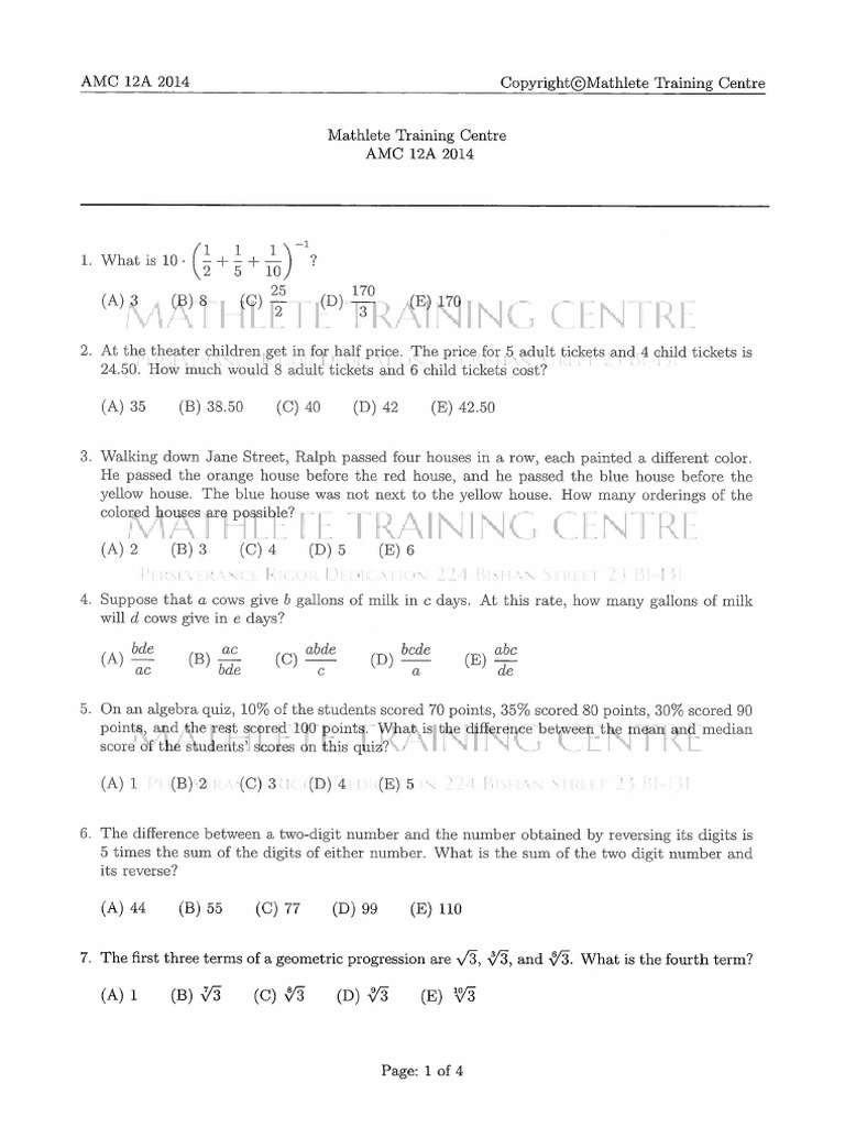 MTC 2014 AMC 12A Paper | PDF