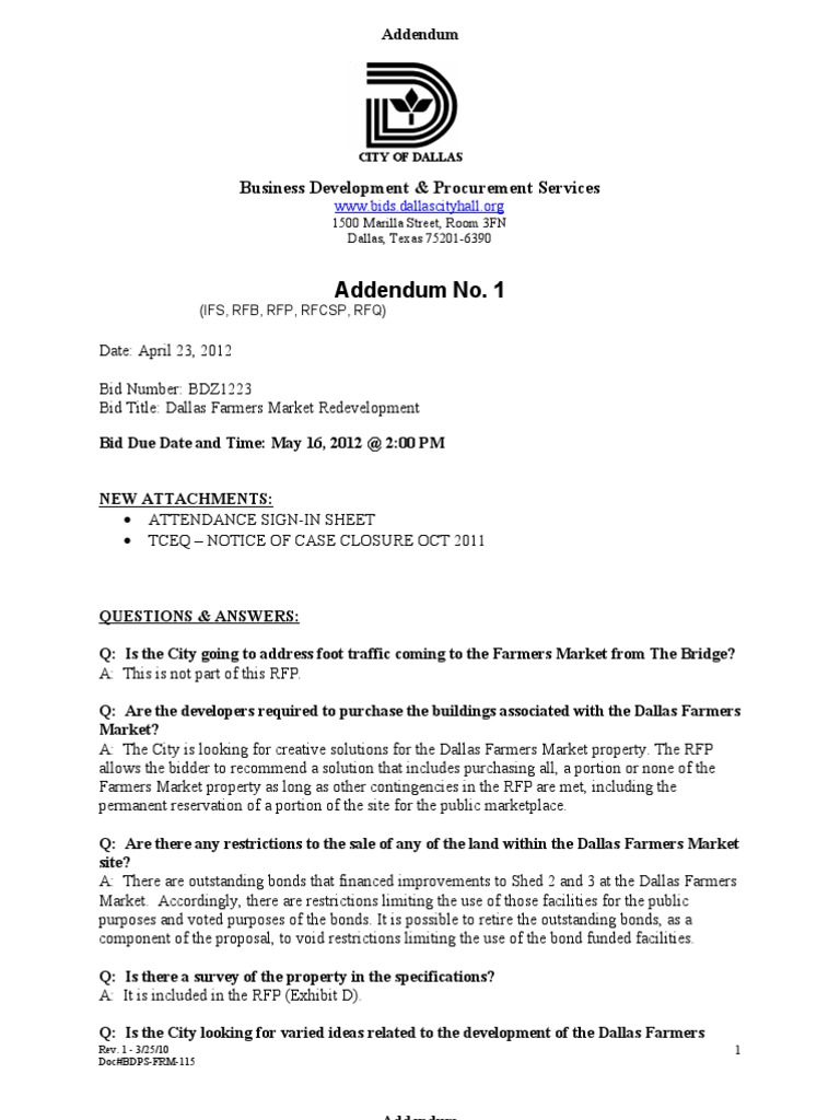 Addendum 1 Farmers Market RFP | PDF | Request For Proposal | Dallas