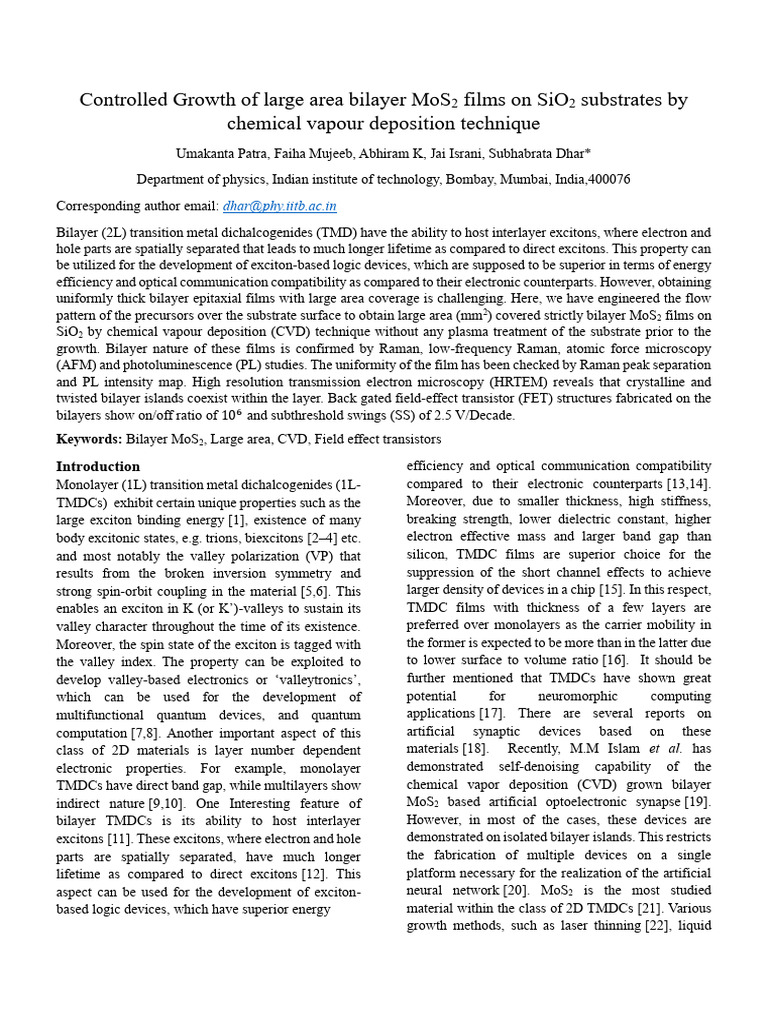 Controlled Growth of Large Area Bilayer MoS2 Films On SiO2 Substrates ...
