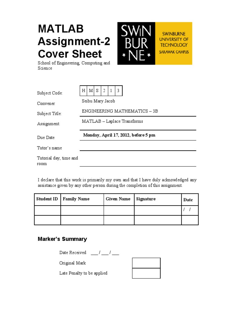 Matlab Assignment 2 Cover Sheet | PDF