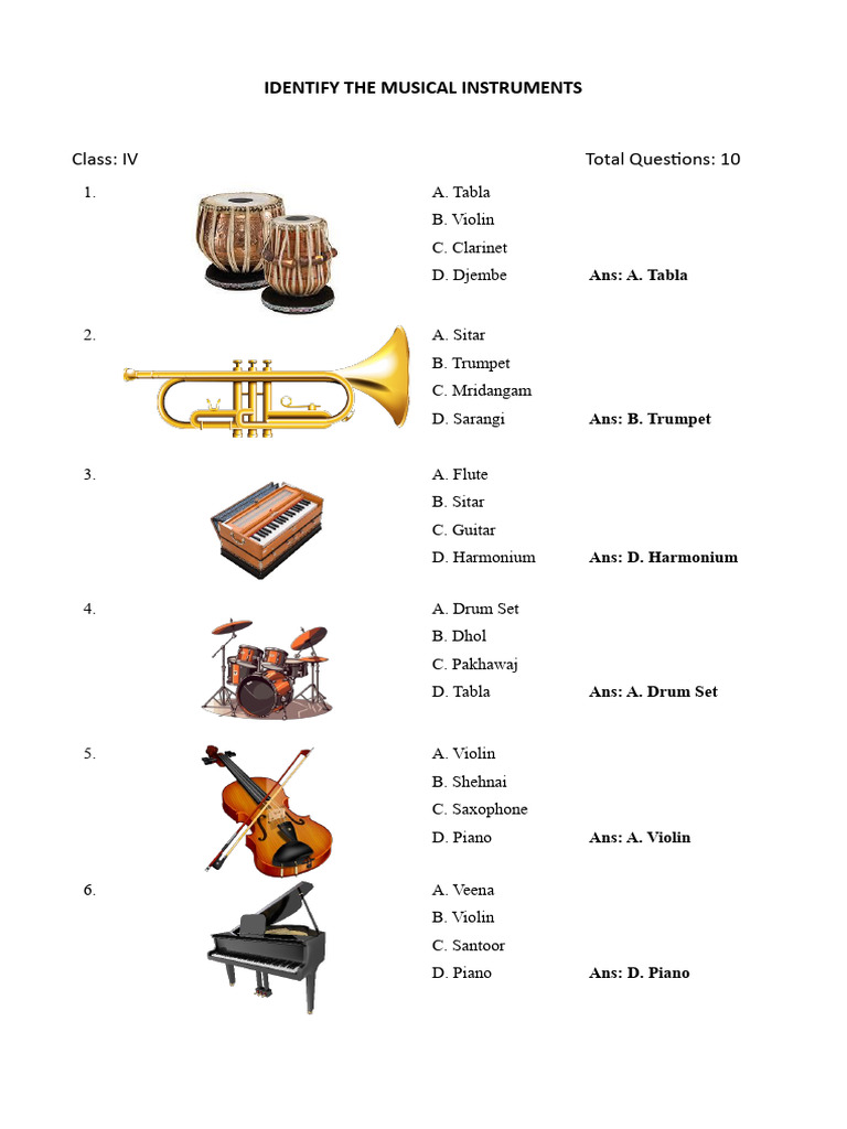 Identify The Musical Instruments - Grade IV | PDF