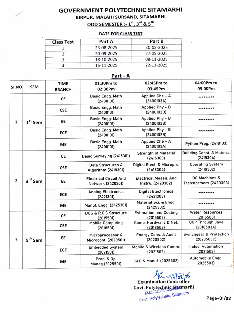 Class Test Routine Odd 2025 | PDF | Electronics | Electrical Engineering