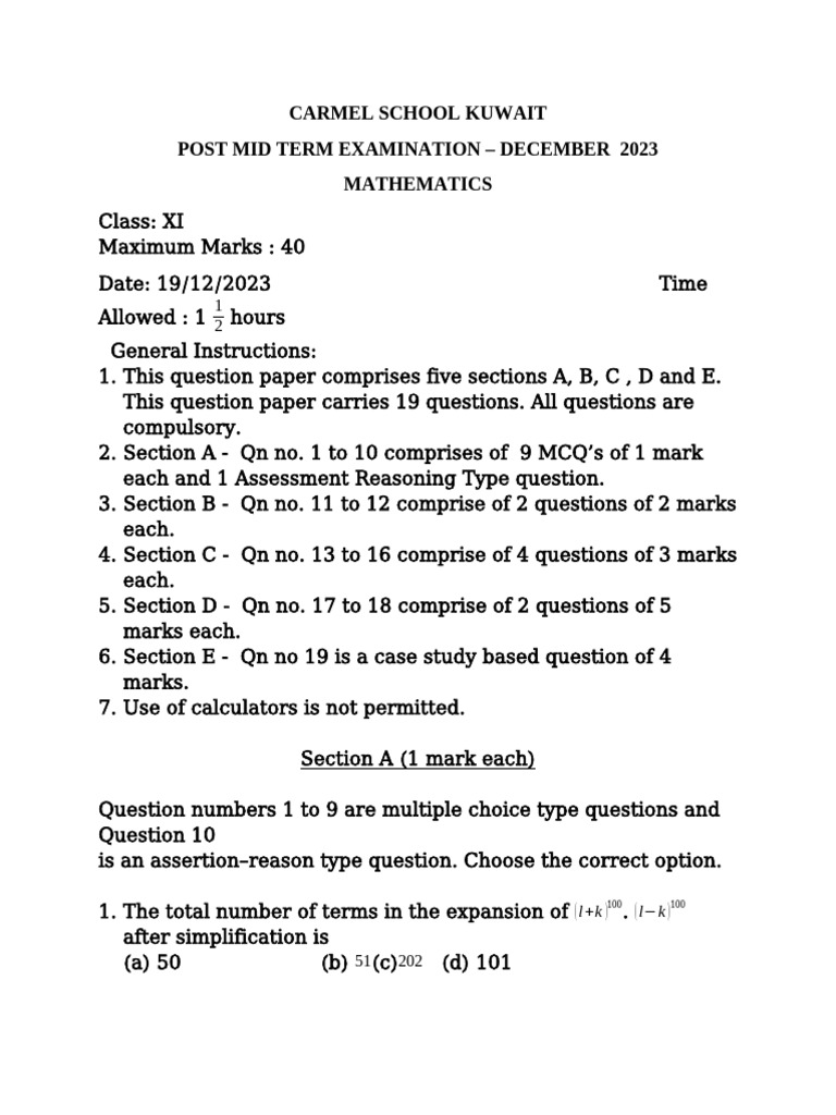 December 2023 XI Math Exam Paper | PDF | Multiple Choice | Analytic ...