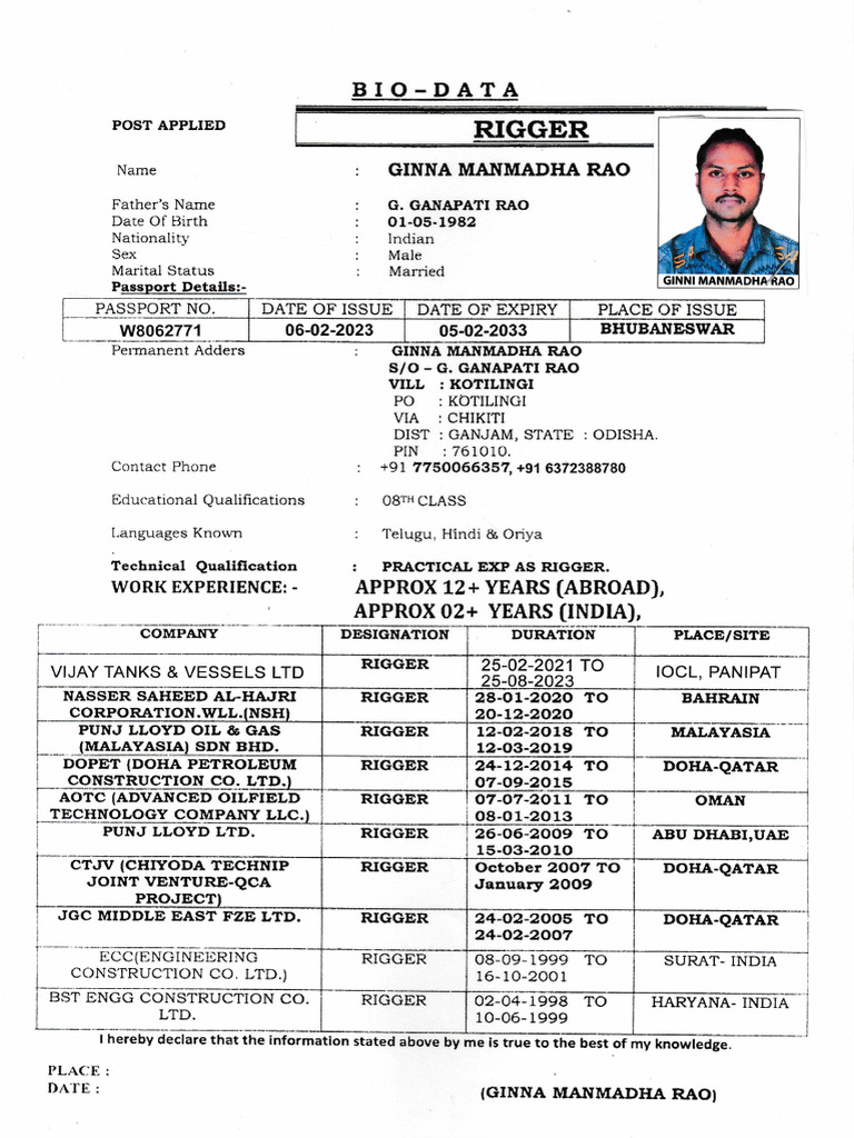 Rigger Resume and Work Experience Summary | PDF