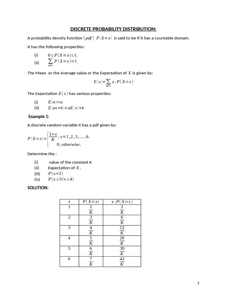Discrete Probability Distribution Overview | PDF | Variance | Expected ...