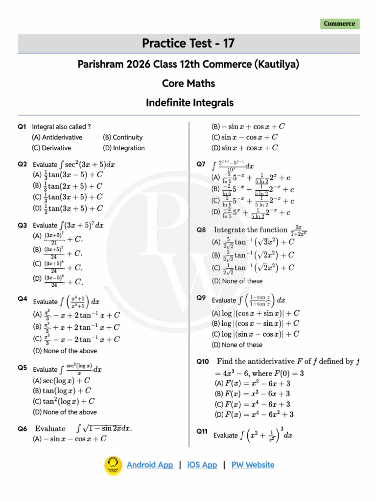 Indefinite Integrals Practice Test | PDF | Functions And Mappings ...