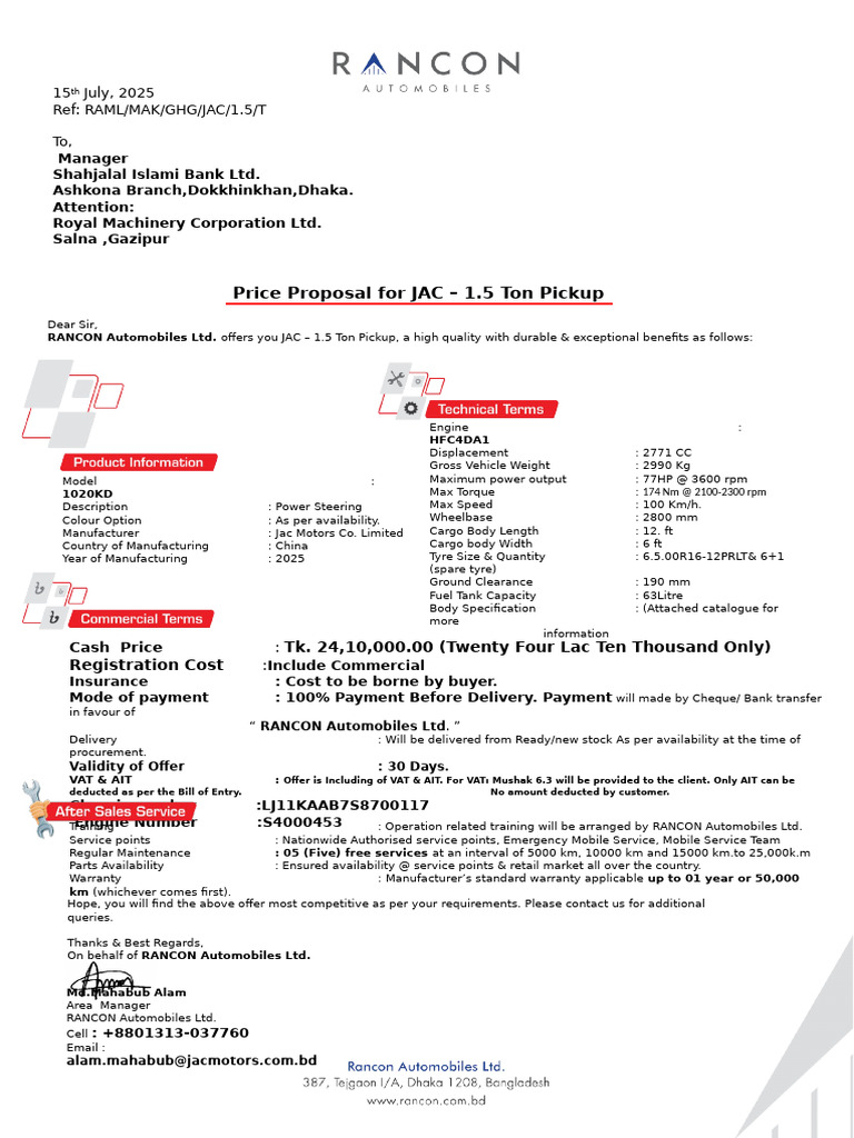 JAC 1.5 Ton Pickup Price Proposal | PDF | Car | Motor Vehicle