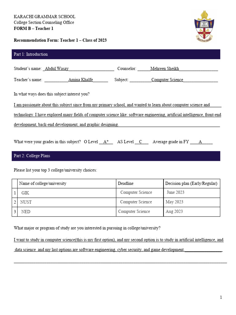 Computer Science College Recommendation Form | PDF | Cognitive Science ...