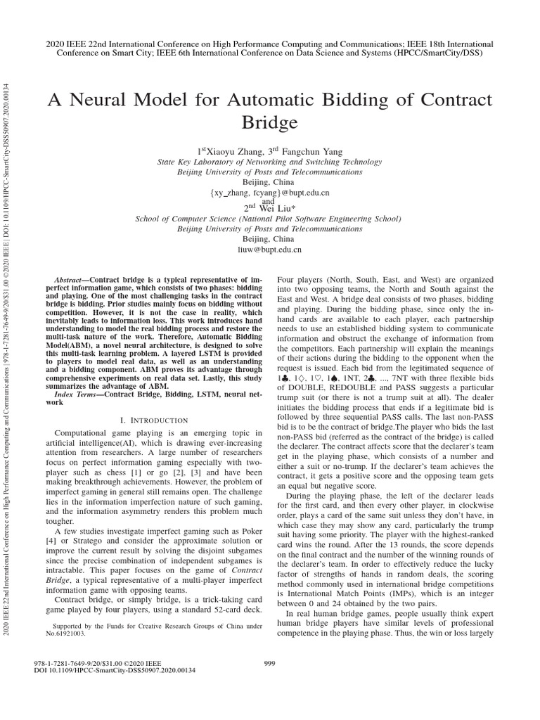 A Neural Model For Automatic Bidding in Contract Bridge | PDF ...
