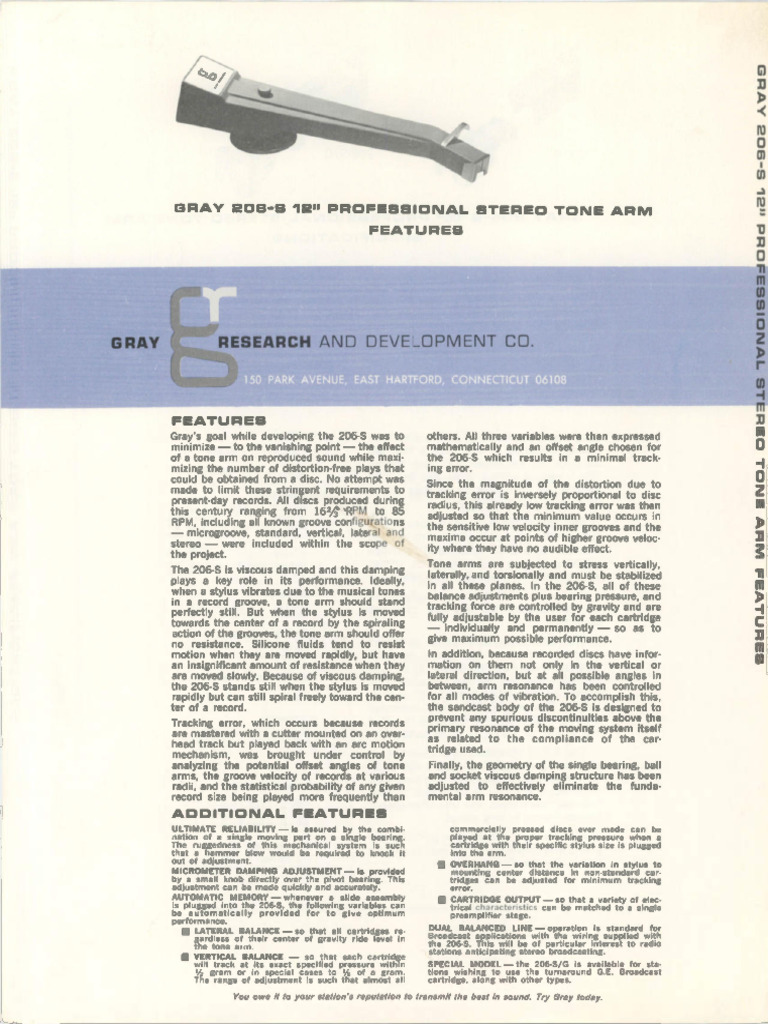 Gray 206-S Professional Stereo Tonearm | PDF