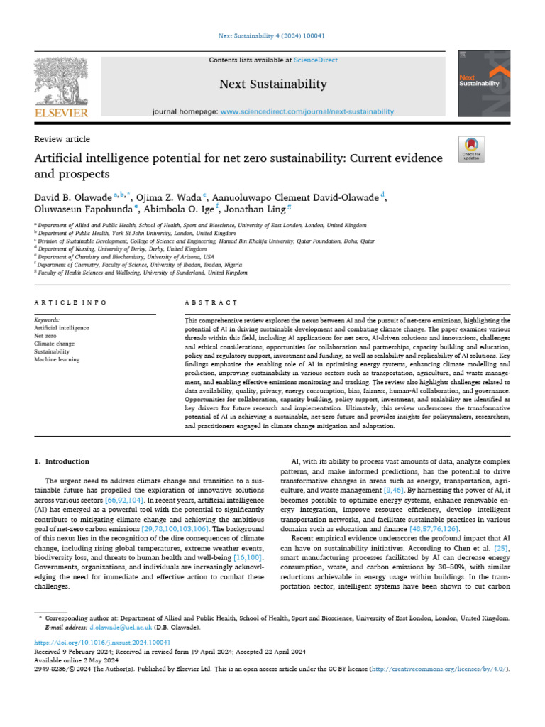 AI's Role in Achieving Net Zero Sustainability | PDF | Intelligence (AI ...