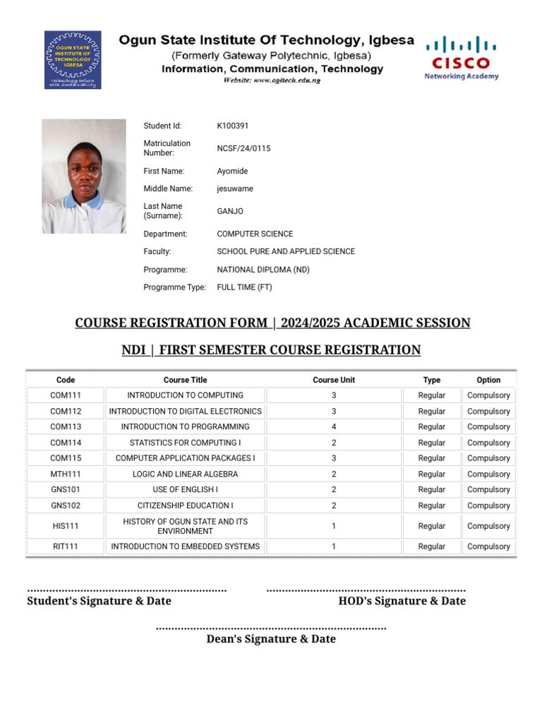 2024/2025 Course Registration Form | PDF | Computing