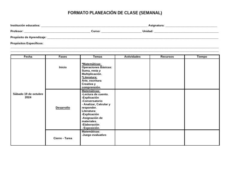 Planeación Semanal de Clases 2024 | PDF