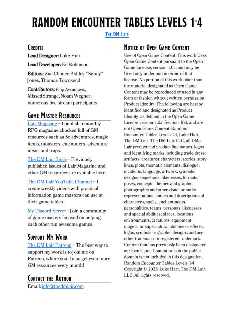 Random Encounter Tables Levels 1 4 Pdf