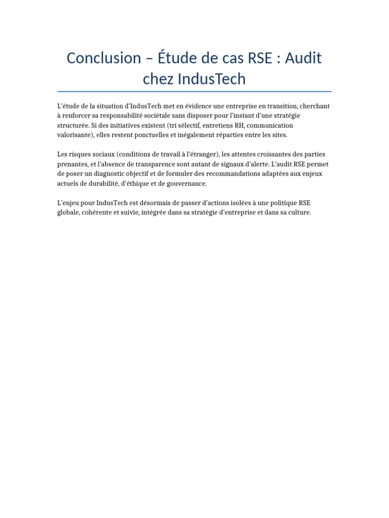 Audit RSE d'IndusTech : Diagnostic et Recommandations | PDF