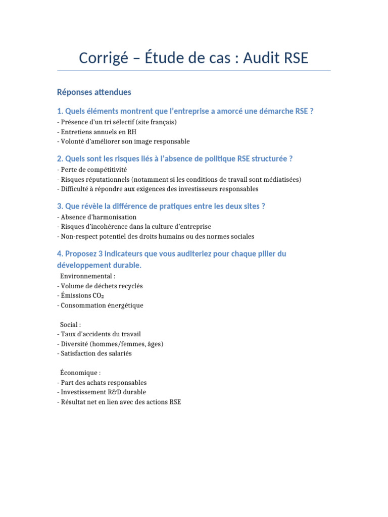 Audit RSE : Analyse et Recommandations | PDF | Responsabilité sociétale ...