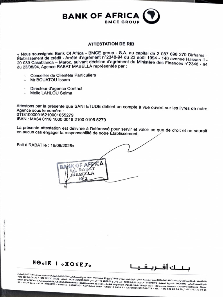 Attestation de RIB - Bank of Africa | PDF