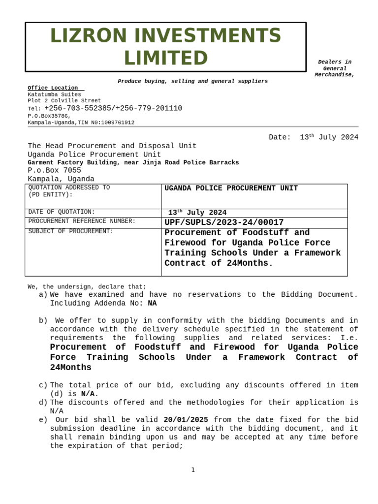 Uganda Police Foodstuff Procurement Bid | PDF | Business