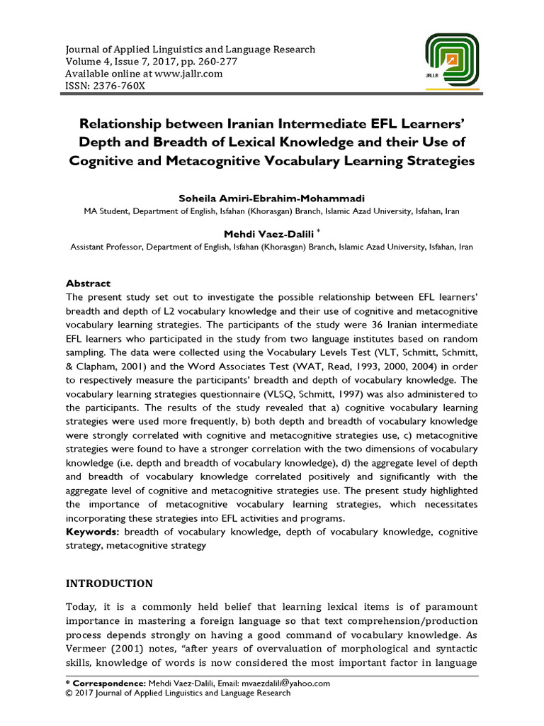 EFL Learners' Vocabulary Knowledge Strategies | PDF | Vocabulary ...