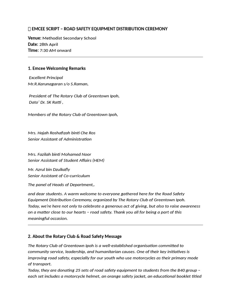 Road Safety Equipment Ceremony Script | PDF