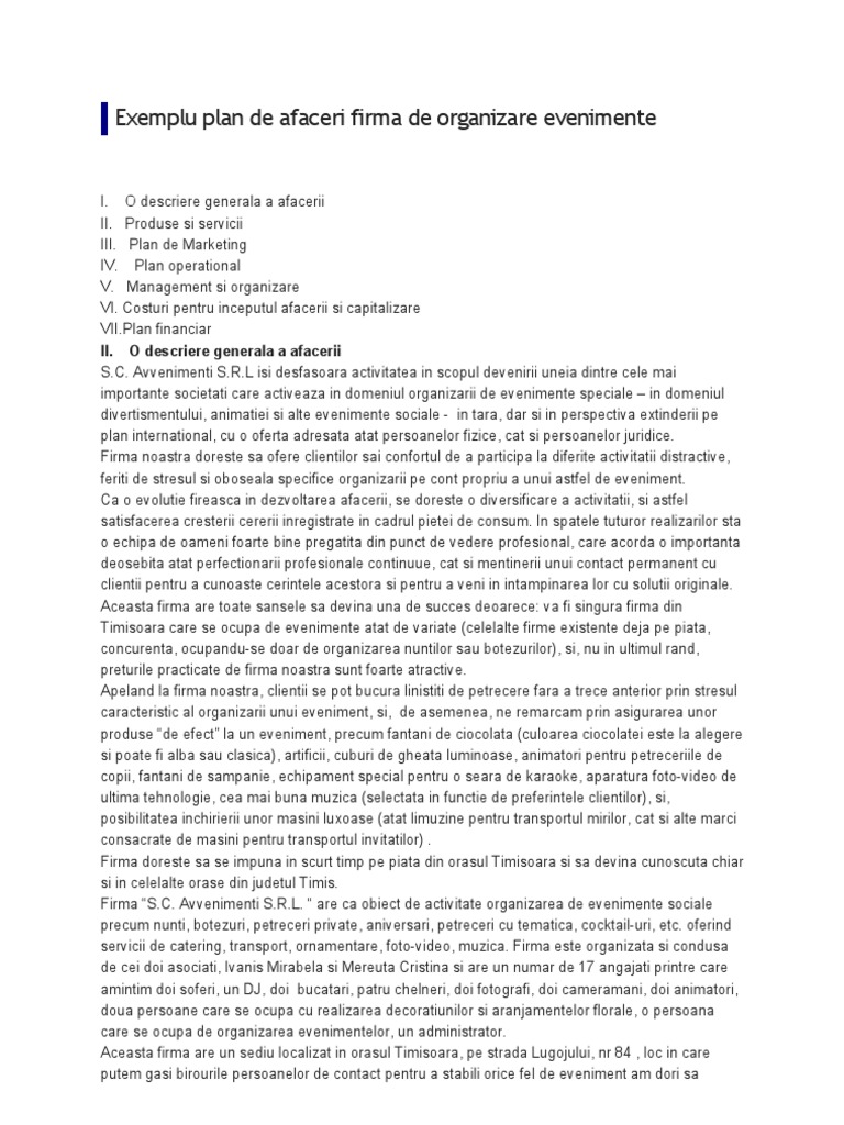 Exemplu Plan De Afaceri Firma De Organizare Evenimente
