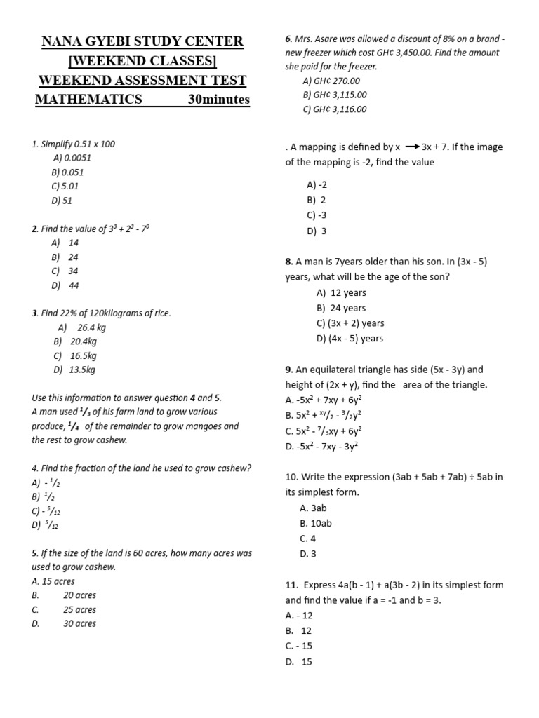 Weekend Mathematics Assessment Test | PDF | Area | Mathematics