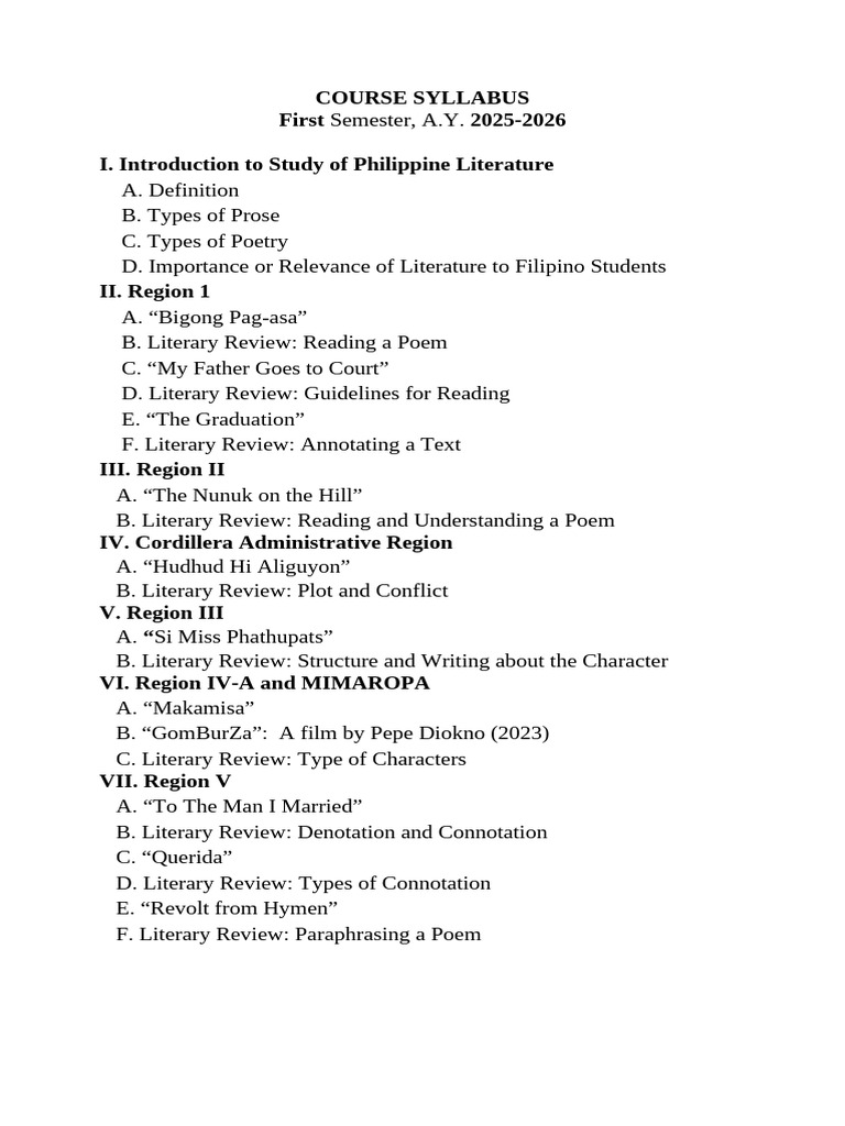 Philippine Literature Course Syllabus 2025 | PDF | Poetry | Human ...